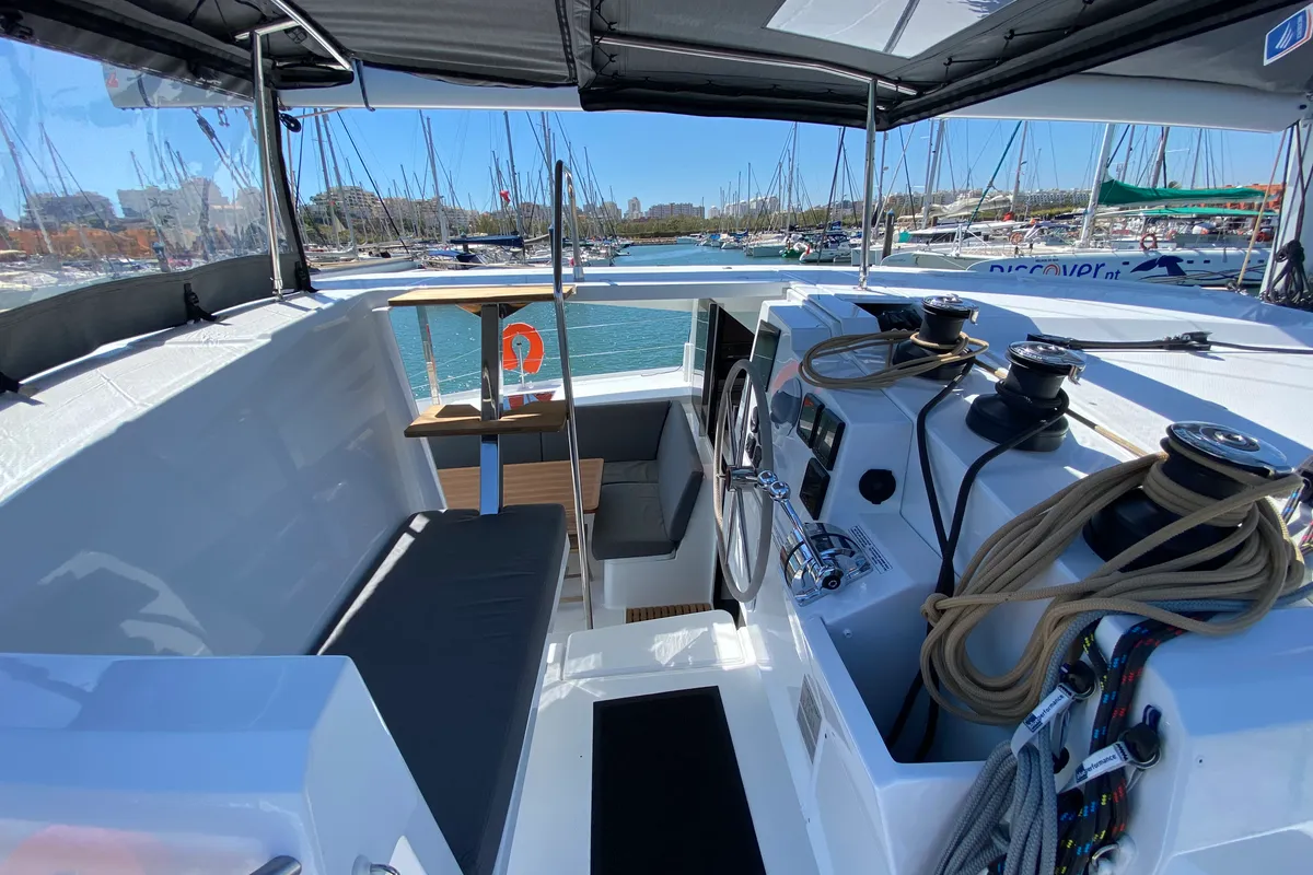 Cockpit of Foutaine Pajot Isla 40, a Fountaine Pajot Isla 40 catamaran at Portimão, Portugal