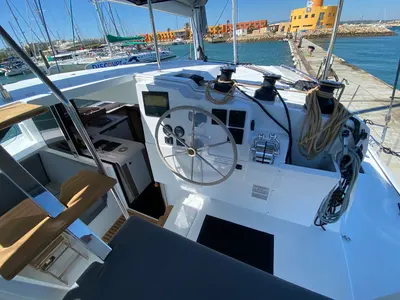 Cockpit of Foutaine Pajot Isla 40, a Fountaine Pajot Isla 40 catamaran at Portimão, Portugal