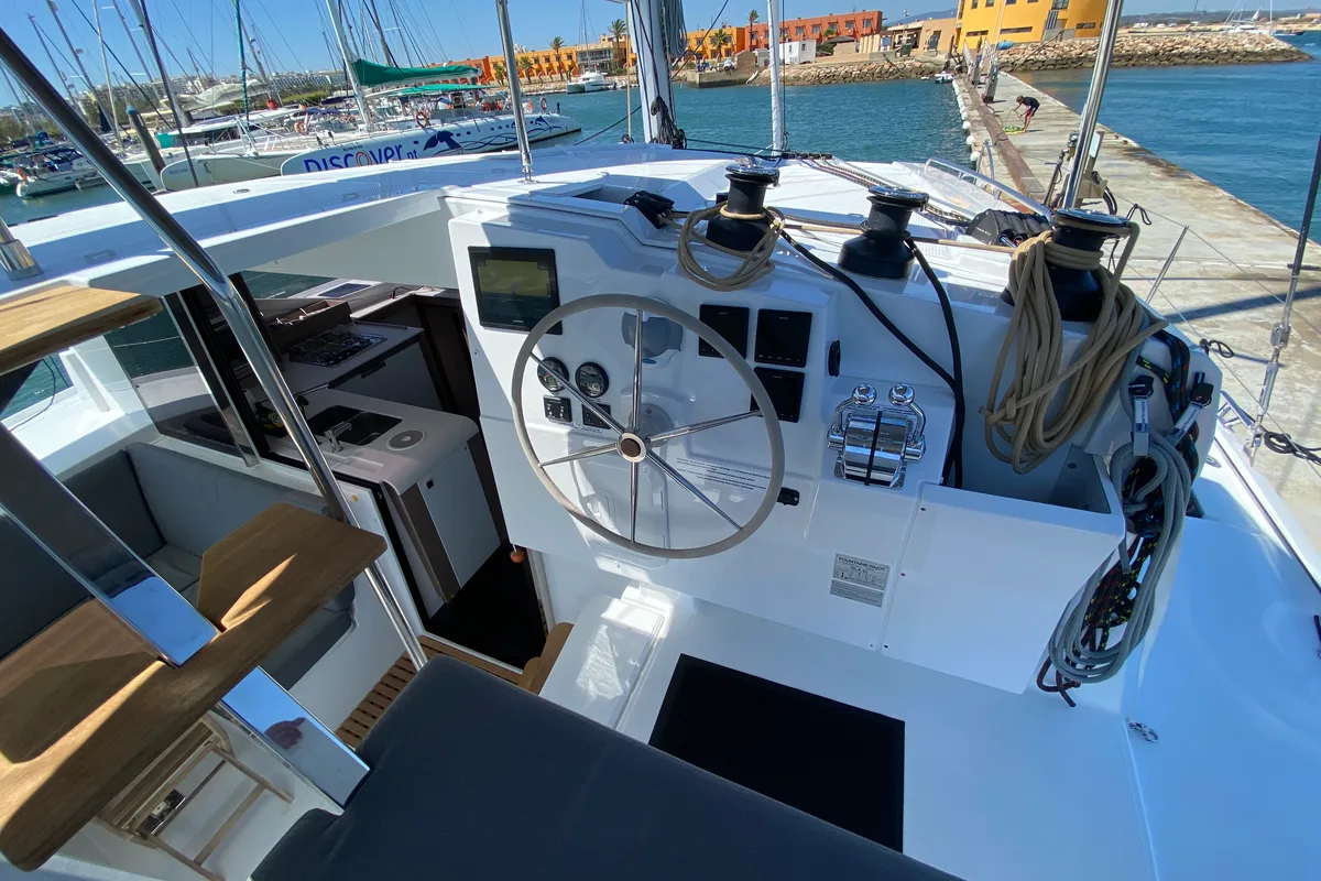 Cockpit of Foutaine Pajot Isla 40, a Fountaine Pajot Isla 40 catamaran at Portimão, Portugal