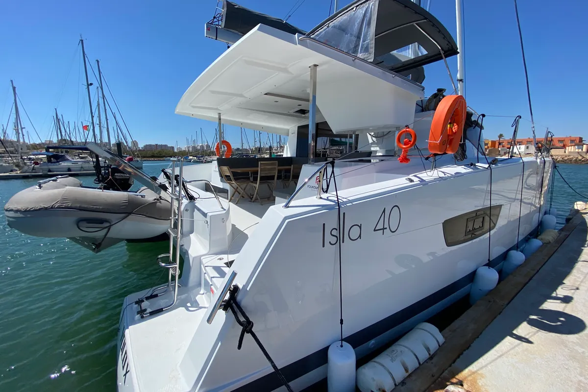 Exterior view of Foutaine Pajot Isla 40, a Fountaine Pajot Isla 40 catamaran at Portimão, Portugal