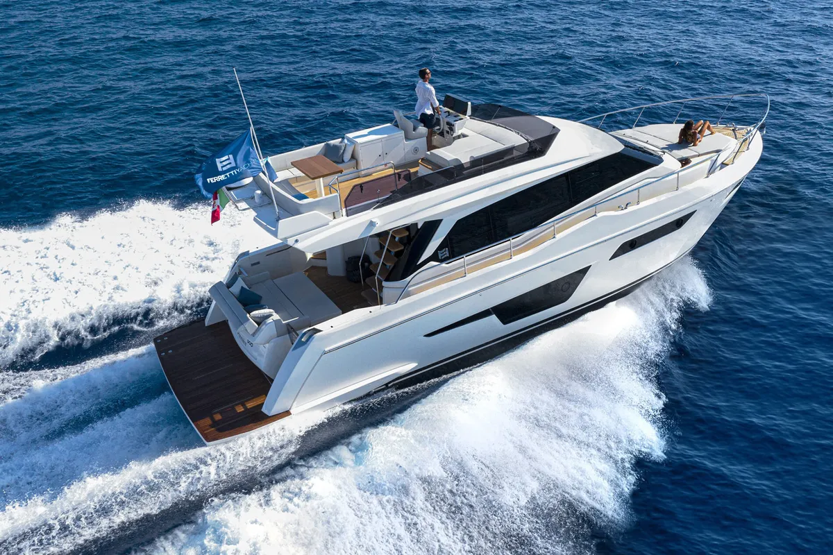 Exterior view of Alabdulla, a Ferretti Yachts 500 motor yacht at Općina Sukošan, Croatia