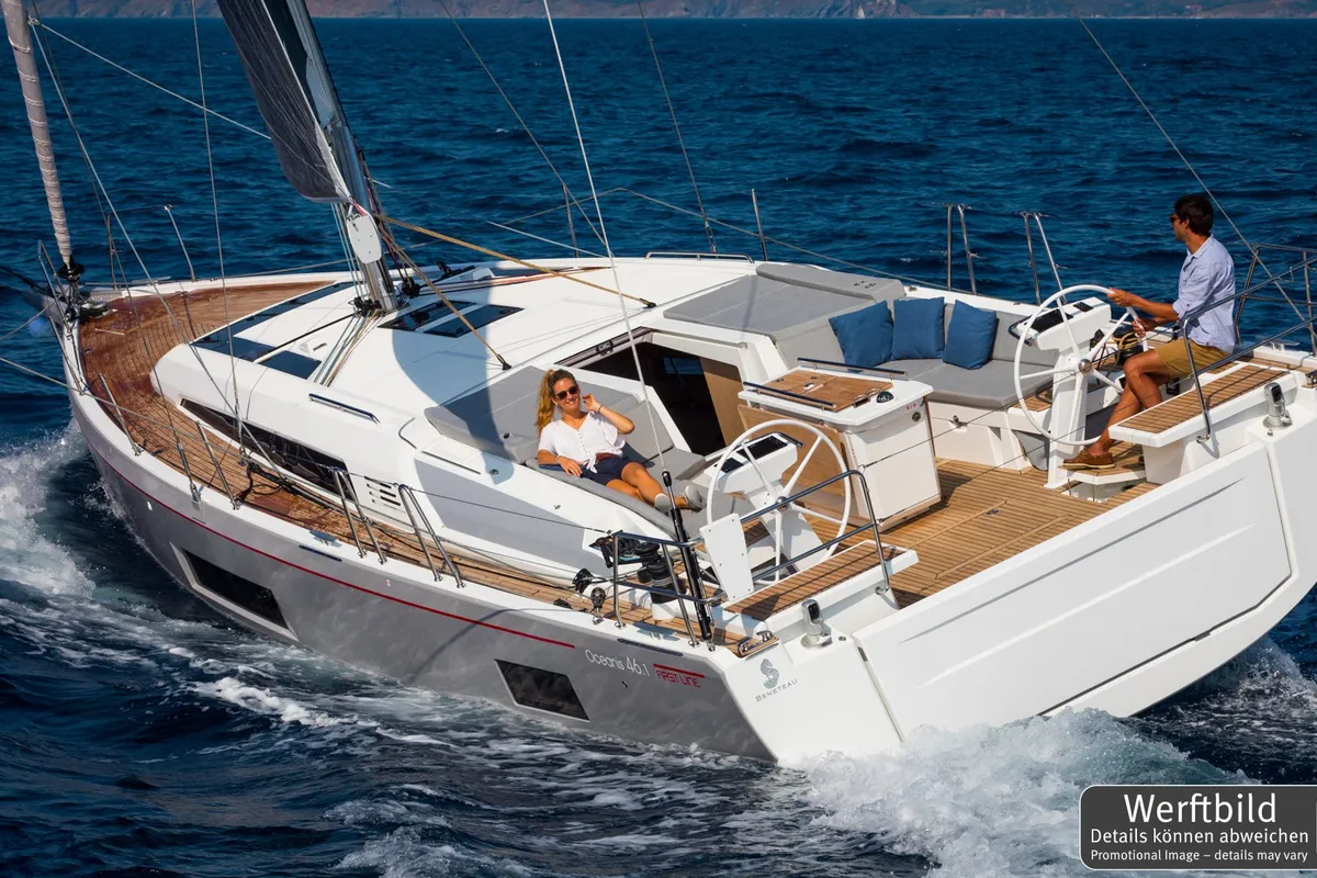 Exterior view of Paula, a Beneteau Oceanis 46.1 sailboat at Palma de Mallorca, Spain
