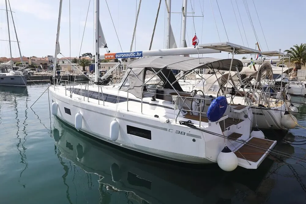 Exterior view of Blue Note, a Bavaria C38 sailboat at Biograd na Moru, Croatia