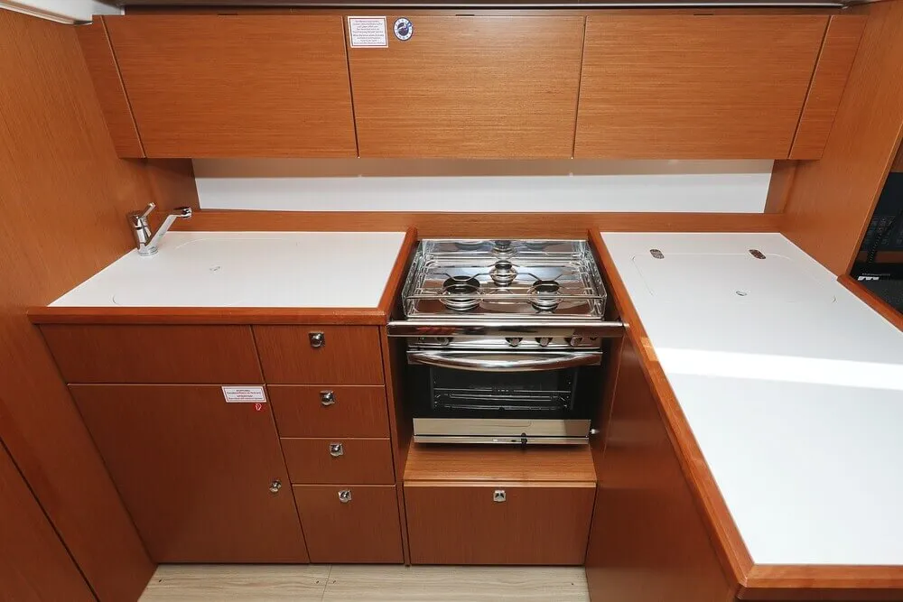Galley of Blue Note, a Bavaria C38 sailboat at Biograd na Moru, Croatia
