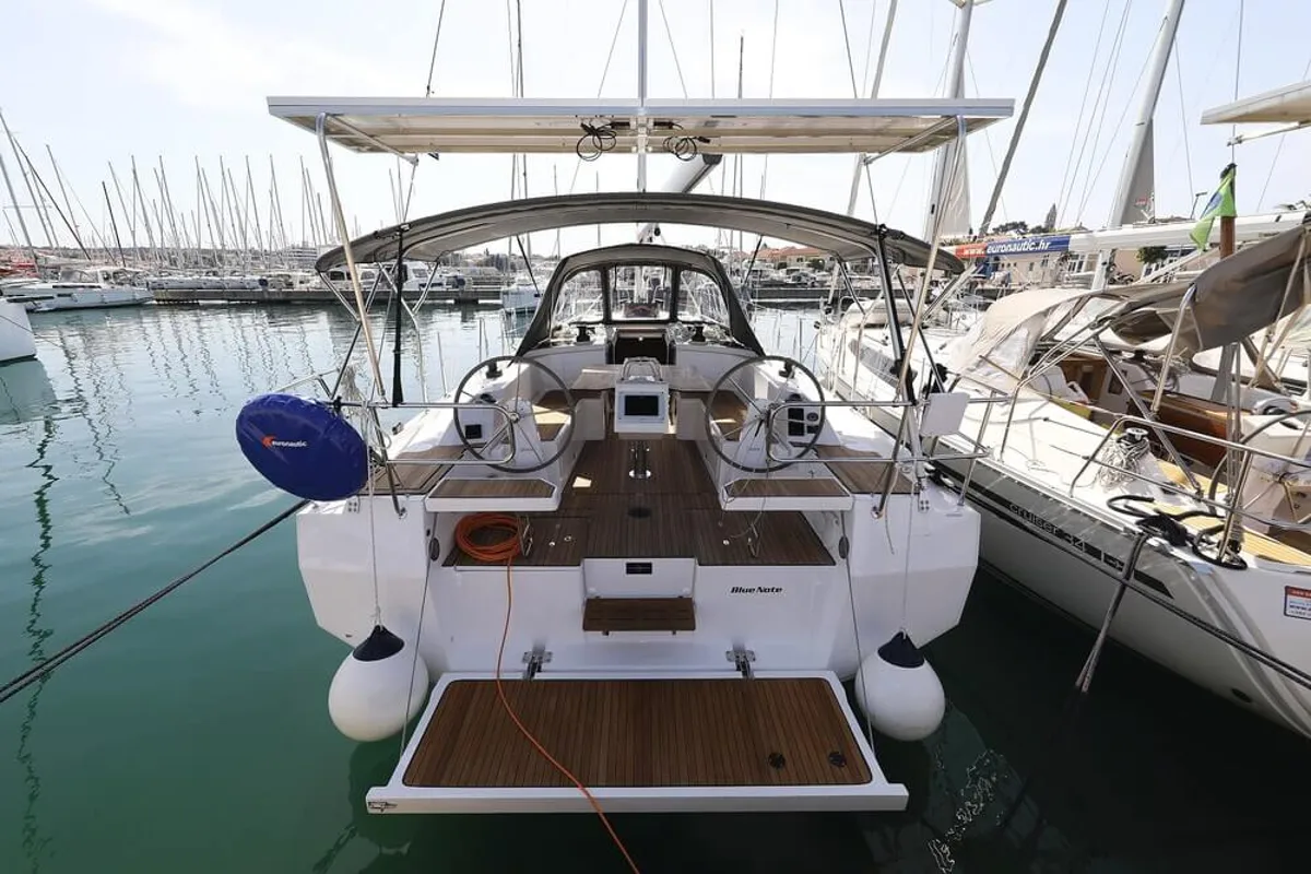 Exterior view of Blue Note, a Bavaria C38 sailboat at Biograd na Moru, Croatia