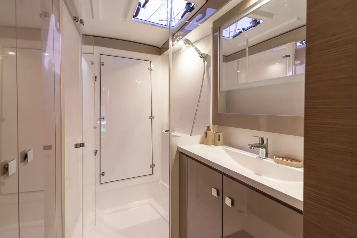 Head on Carpe Vitam, a Fountaine Pajot Isla 40 catamaran at Lavrion, Greece