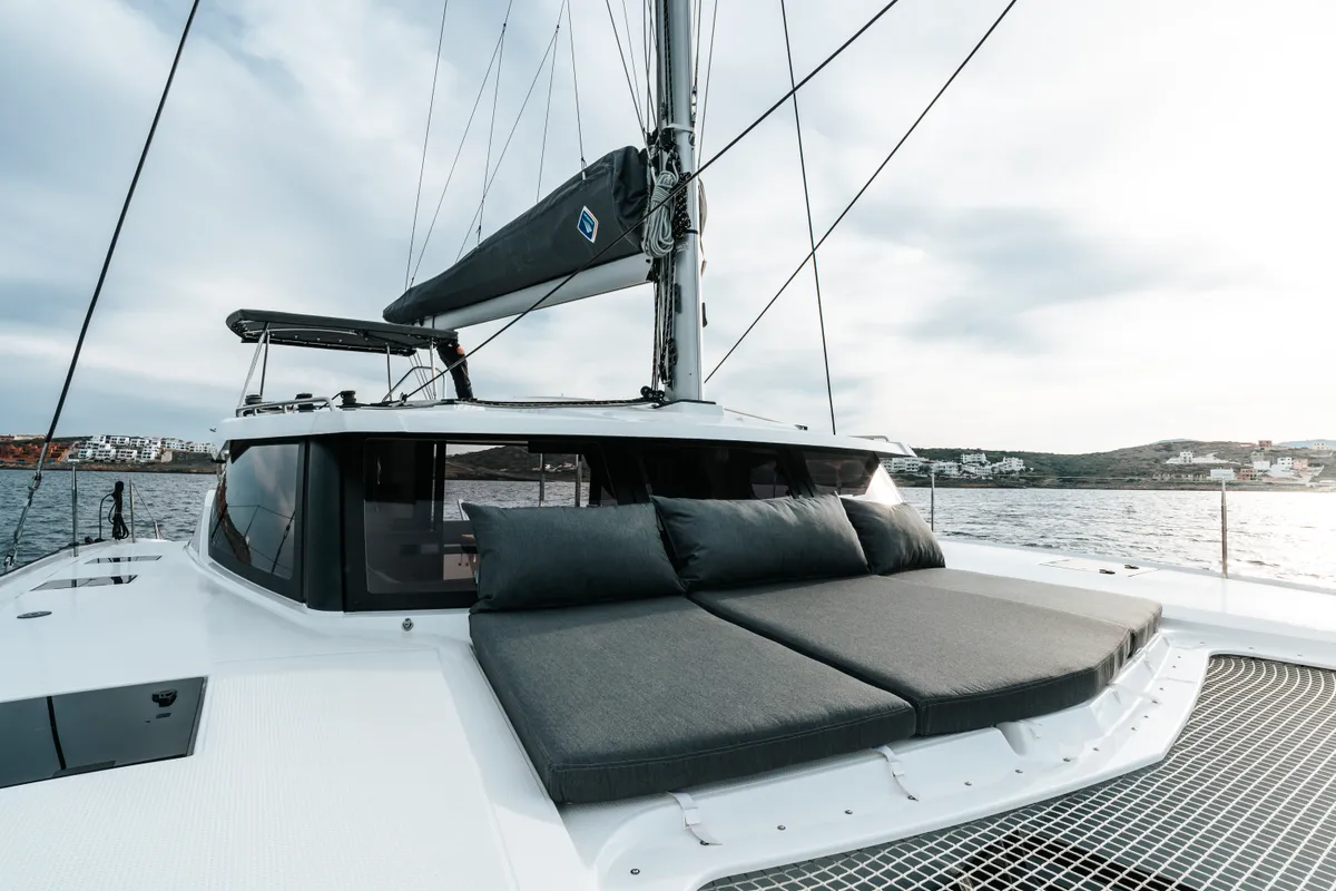 Deck of Carpe Vitam, a Fountaine Pajot Isla 40 catamaran at Lavrion, Greece