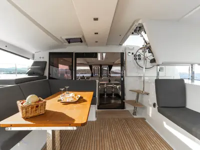 Deck of Carpe Vitam, a Fountaine Pajot Isla 40 catamaran at Lavrion, Greece
