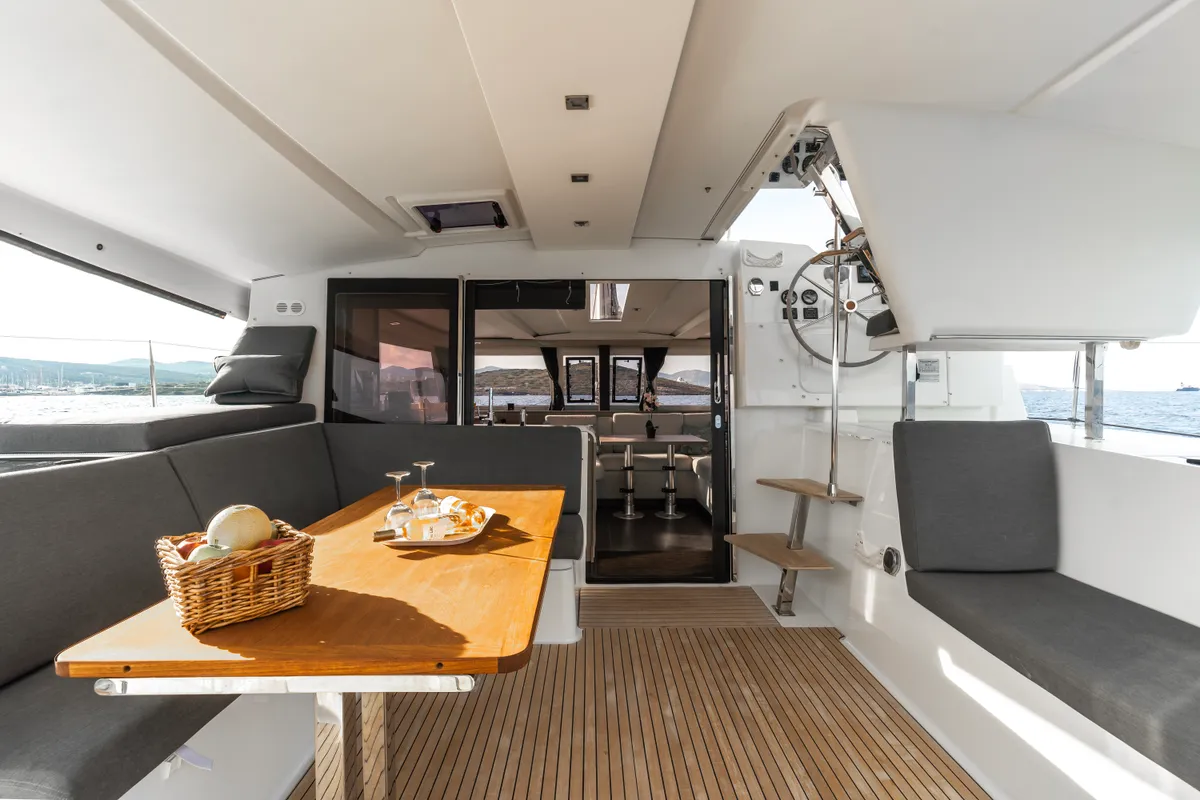 Deck of Carpe Vitam, a Fountaine Pajot Isla 40 catamaran at Lavrion, Greece