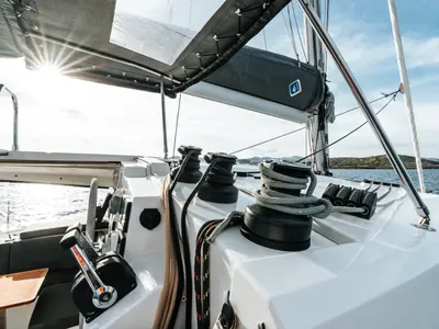 Cockpit of Carpe Vitam, a Fountaine Pajot Isla 40 catamaran at Lavrion, Greece