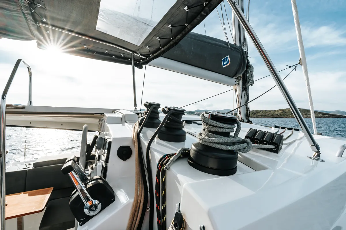 Cockpit of Carpe Vitam, a Fountaine Pajot Isla 40 catamaran at Lavrion, Greece