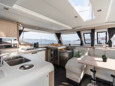 Galley of Carpe Vitam, a Fountaine Pajot Isla 40 catamaran at Lavrion, Greece