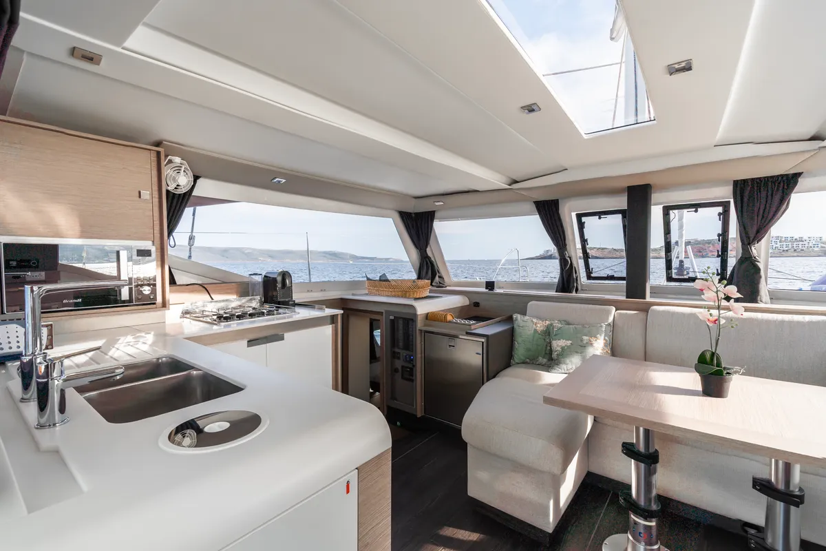 Galley of Carpe Vitam, a Fountaine Pajot Isla 40 catamaran at Lavrion, Greece