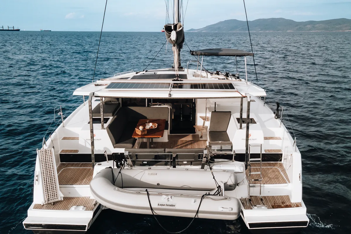 Exterior view of Carpe Vitam, a Fountaine Pajot Isla 40 catamaran at Lavrion, Greece