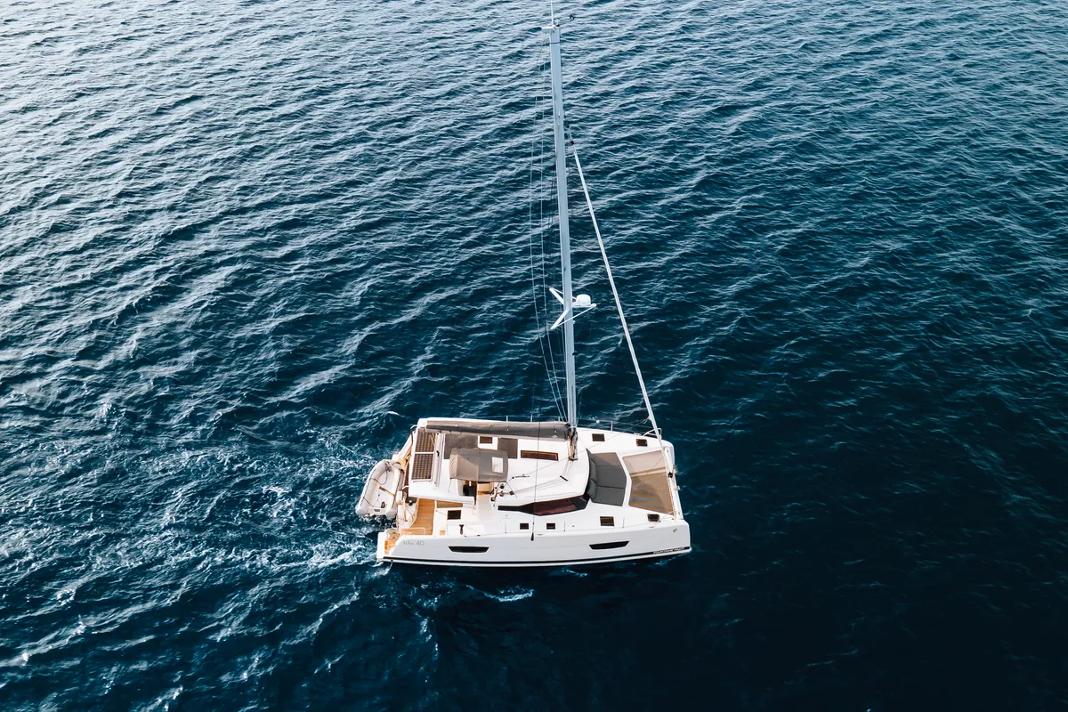 Exterior view of Carpe Vitam, a Fountaine Pajot Isla 40 catamaran at Lavrion, Greece