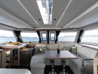 Salon of Carpe Vitam, a Fountaine Pajot Isla 40 catamaran at Lavrion, Greece