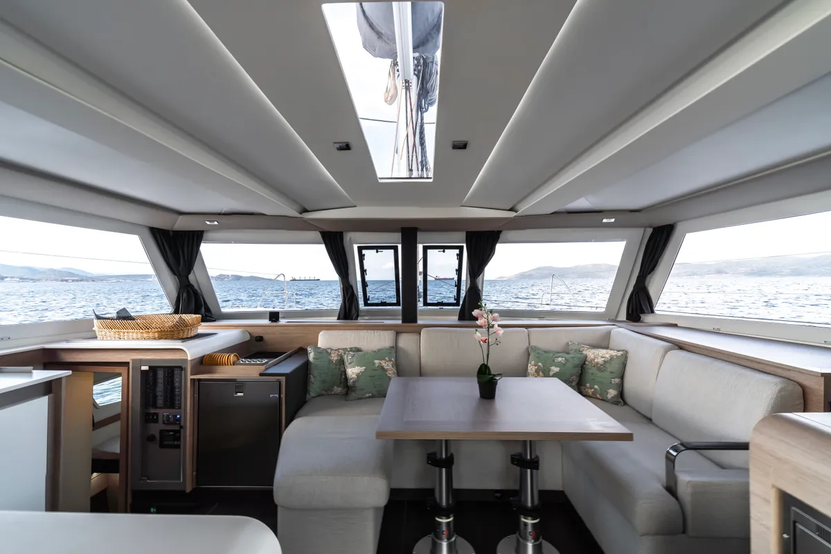 Salon of Carpe Vitam, a Fountaine Pajot Isla 40 catamaran at Lavrion, Greece
