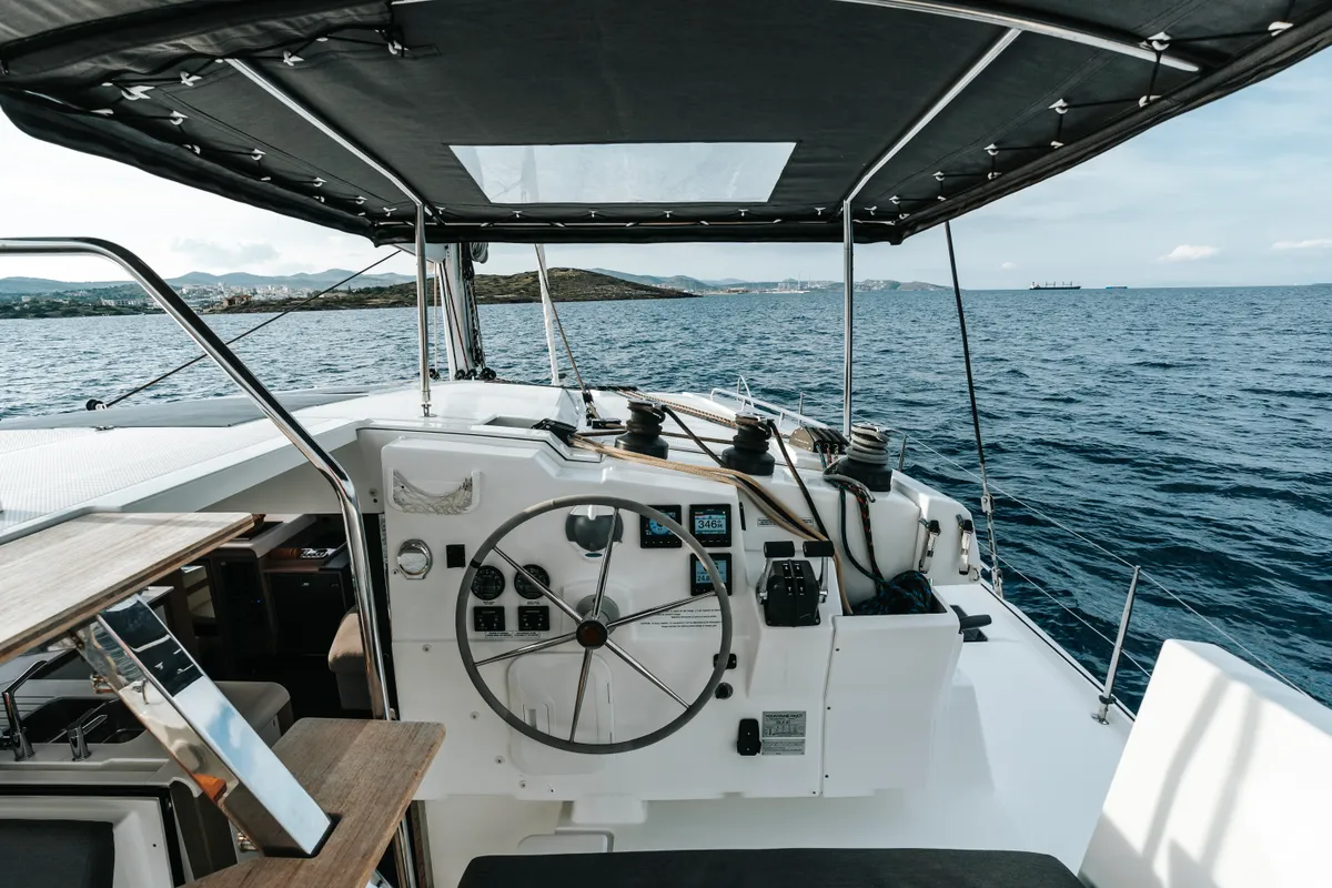 Cockpit of Carpe Vitam, a Fountaine Pajot Isla 40 catamaran at Lavrion, Greece
