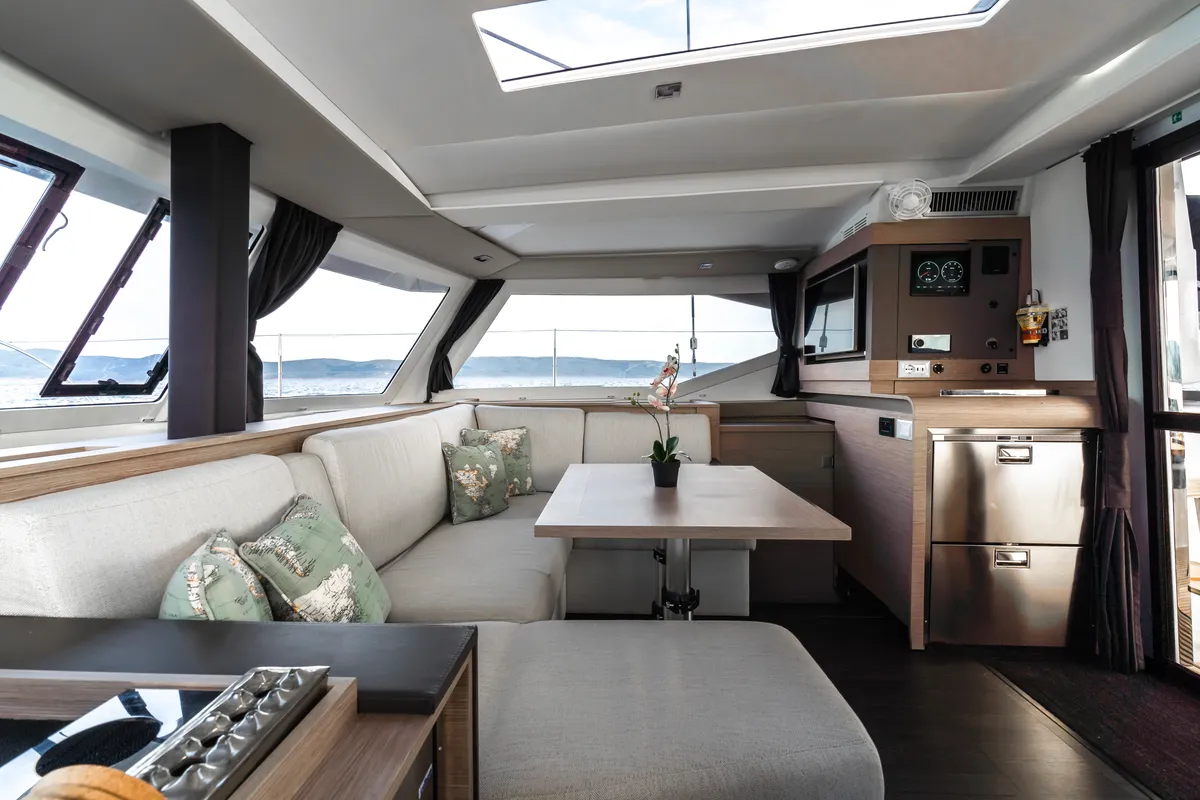 Salon of Carpe Vitam, a Fountaine Pajot Isla 40 catamaran at Lavrion, Greece