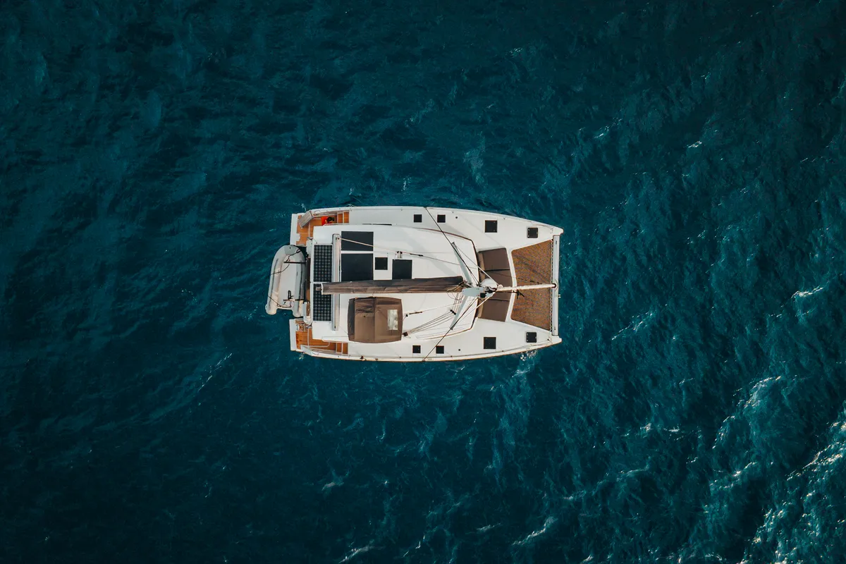 Exterior view of Carpe Vitam, a Fountaine Pajot Isla 40 catamaran at Lavrion, Greece