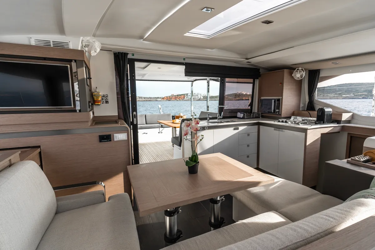 Galley of Carpe Vitam, a Fountaine Pajot Isla 40 catamaran at Lavrion, Greece