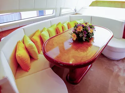 Salon of Ma Bella, a Monte Fino 70 motor yacht at Castellammare di Stabia, Italy