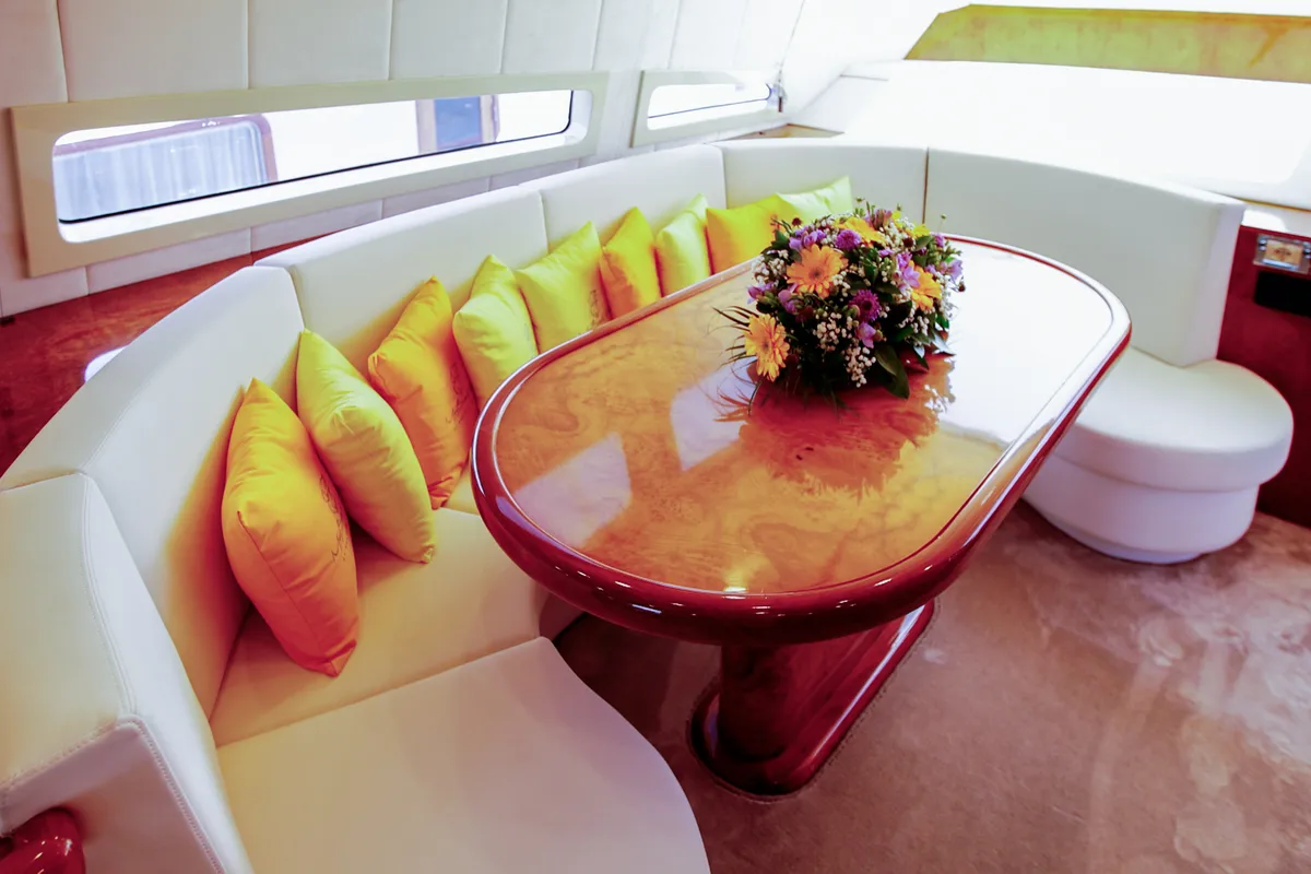 Salon of Ma Bella, a Monte Fino 70 motor yacht at Castellammare di Stabia, Italy