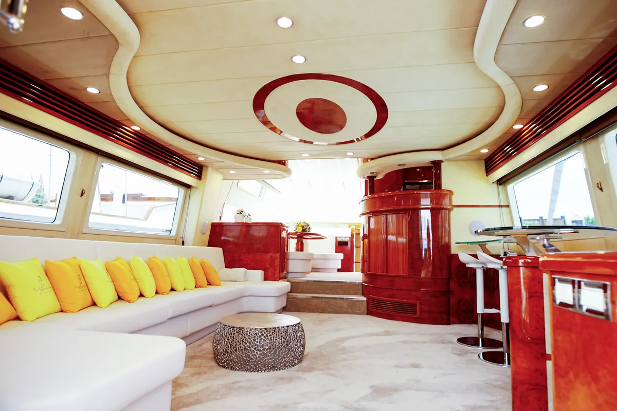 Salon of Ma Bella, a Monte Fino 70 motor yacht at Castellammare di Stabia, Italy