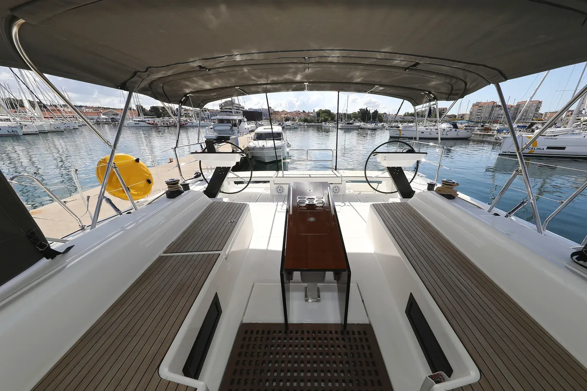 Cockpit of Blue Therapy, a Dufour 530 sailboat at Grad Biograd na Moru, Croatia