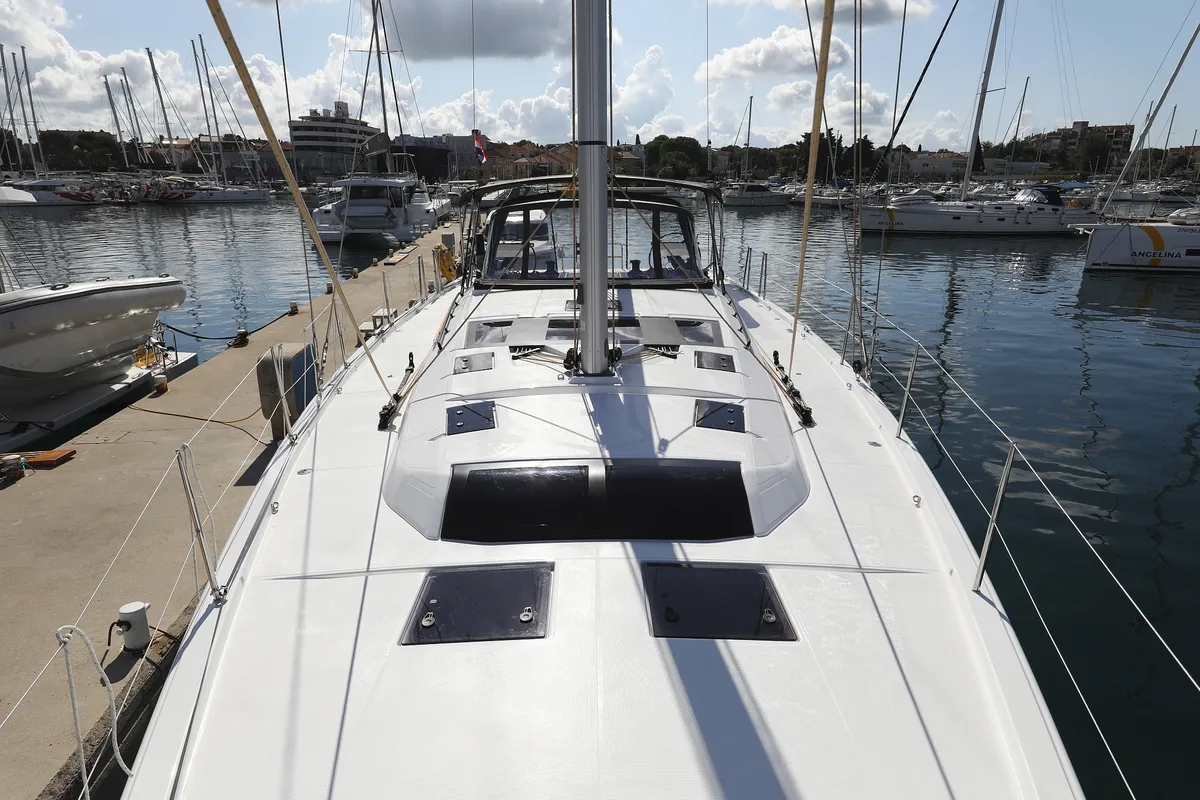 Deck of Blue Therapy, a Dufour 530 sailboat at Grad Biograd na Moru, Croatia