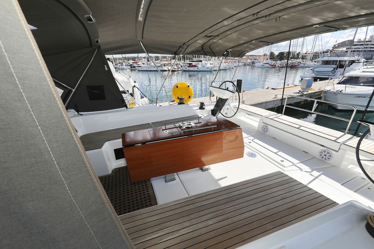 Cockpit of Blue Therapy, a Dufour 530 sailboat at Grad Biograd na Moru, Croatia