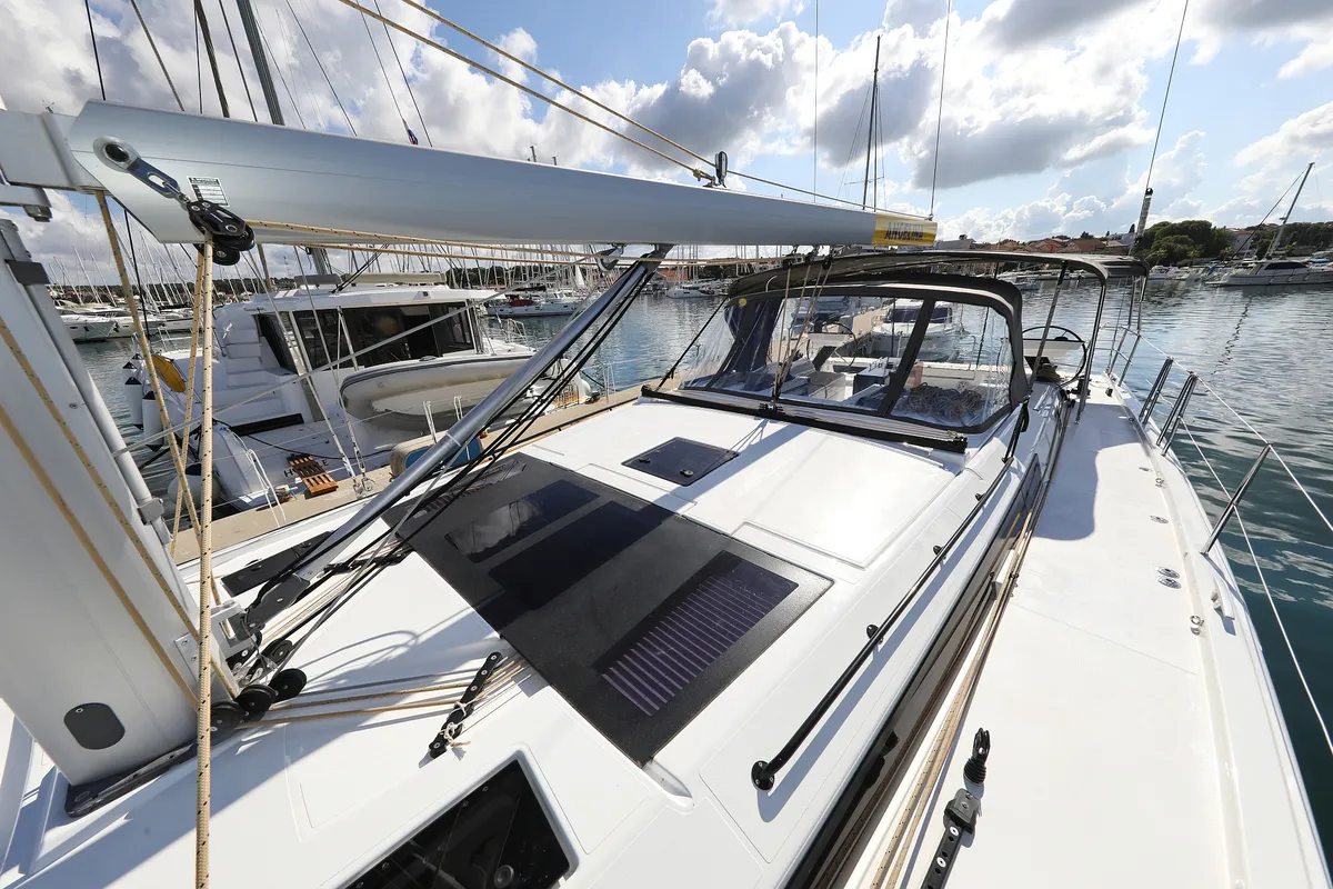 Deck of Blue Therapy, a Dufour 530 sailboat at Grad Biograd na Moru, Croatia