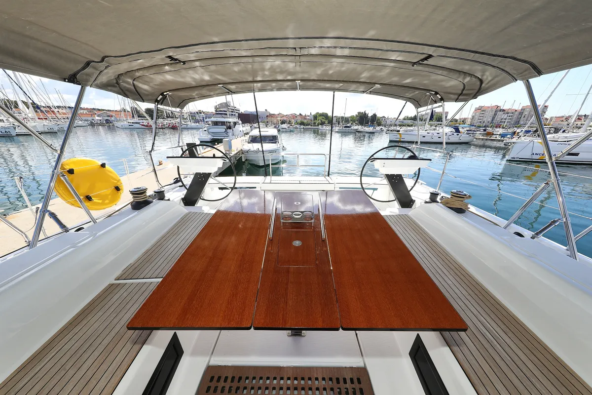 Cockpit of Blue Therapy, a Dufour 530 sailboat at Grad Biograd na Moru, Croatia