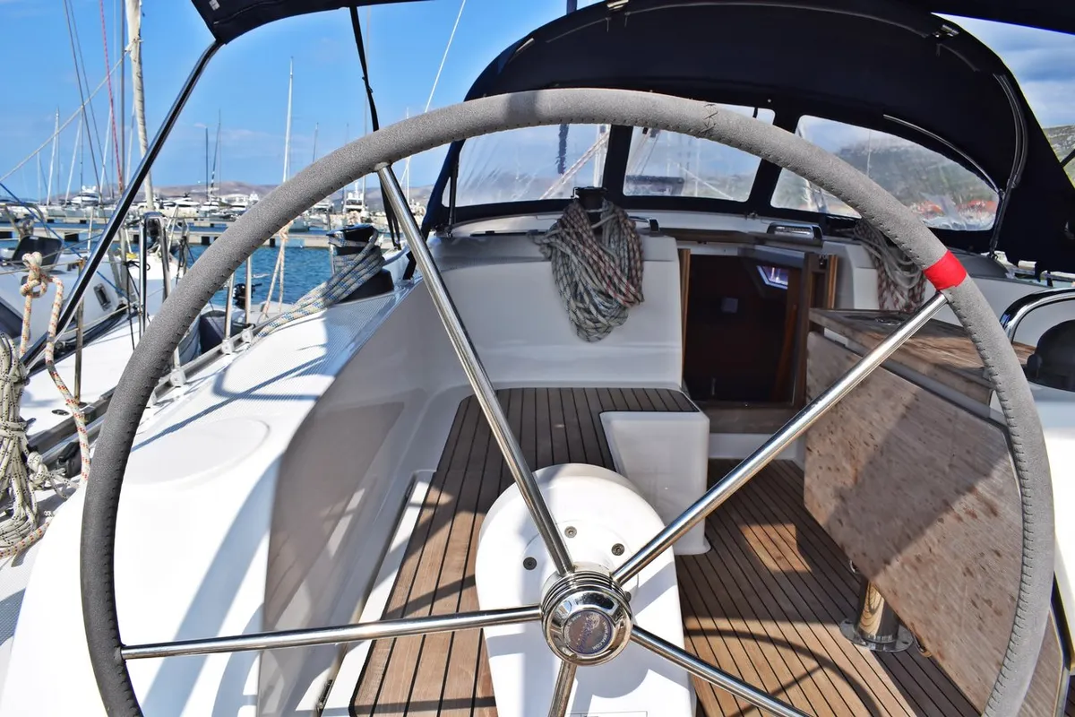 Cockpit of Maslinova, a Bavaria Cruiser 46 sailboat at Kaštela, Croatia