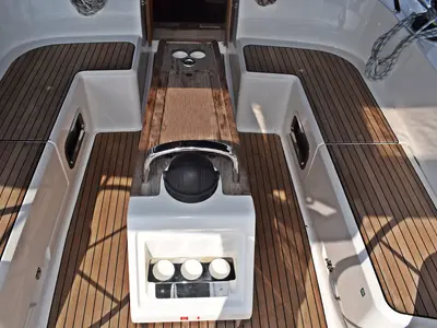 Deck of Maslinova, a Bavaria Cruiser 46 sailboat at Kaštela, Croatia