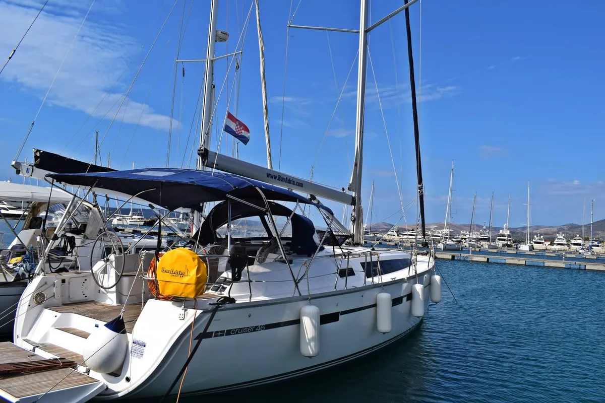 Exterior view of Maslinova, a Bavaria Cruiser 46 sailboat at Kaštela, Croatia