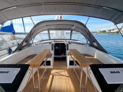 Deck of Fibi, a Hanse 460 sailboat at Grad Pula, Croatia