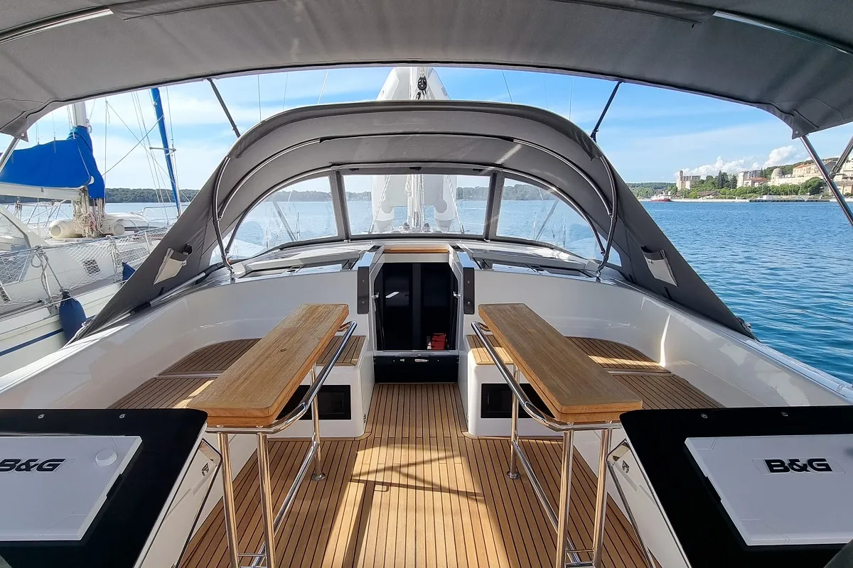 Deck of Fibi, a Hanse 460 sailboat at Grad Pula, Croatia