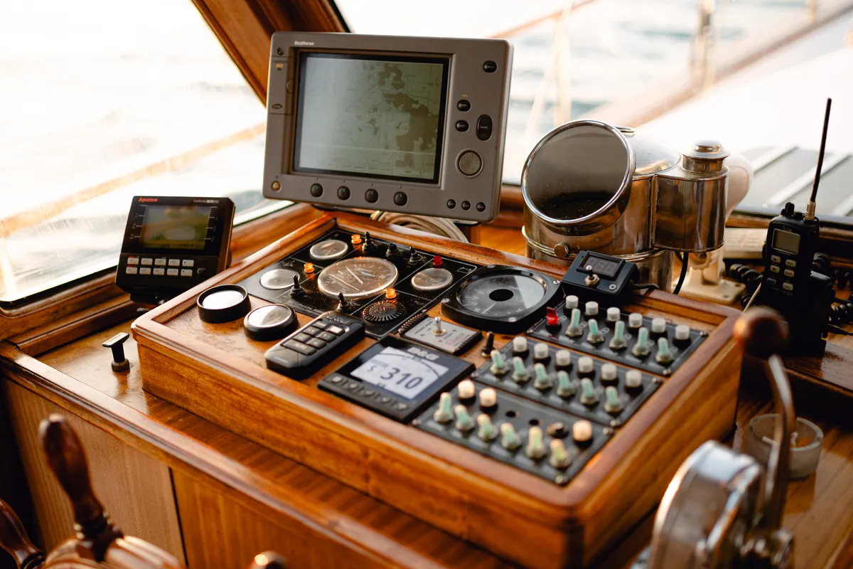 Cockpit of Calypsa, a Gulet Sail boat sailboat at Grad Rovinj, Croatia