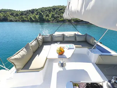 Deck of Voyager, a Bali 4.4 catamaran at Seget Donji, Croatia