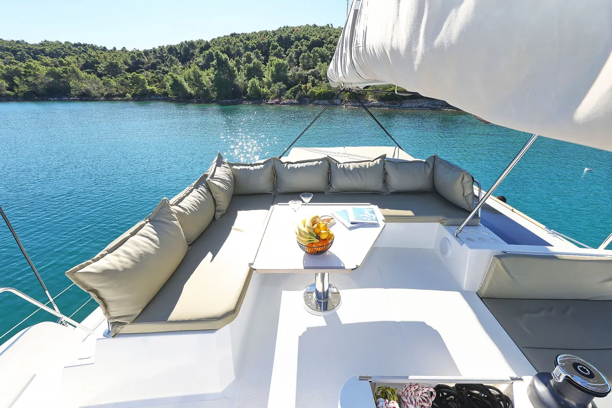 Deck of Voyager, a Bali 4.4 catamaran at Seget Donji, Croatia