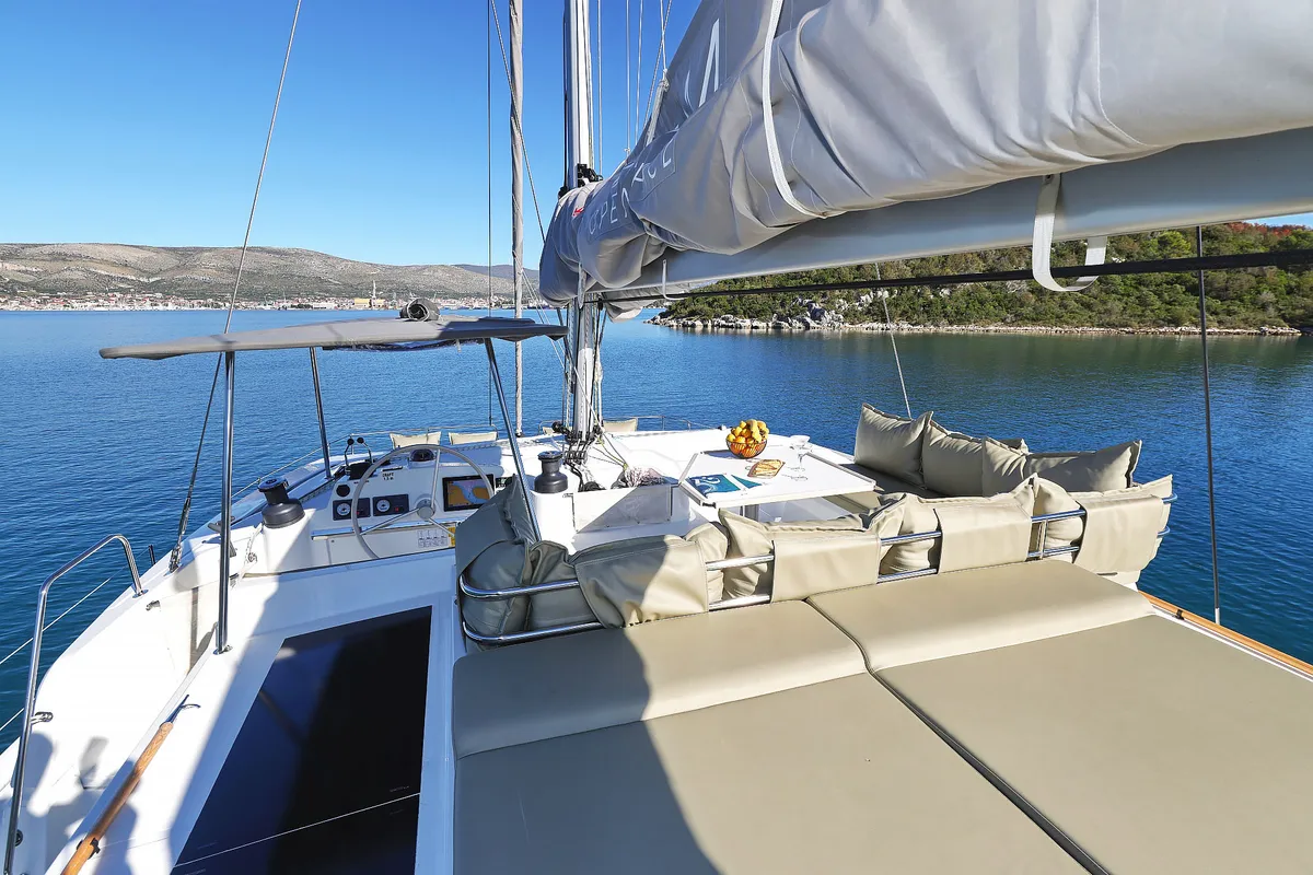 Deck of Voyager, a Bali 4.4 catamaran at Seget Donji, Croatia
