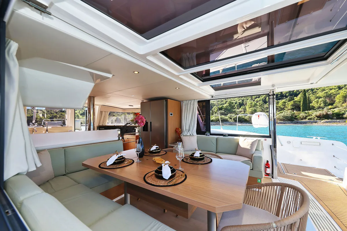 Salon of Voyager, a Bali 4.4 catamaran at Seget Donji, Croatia