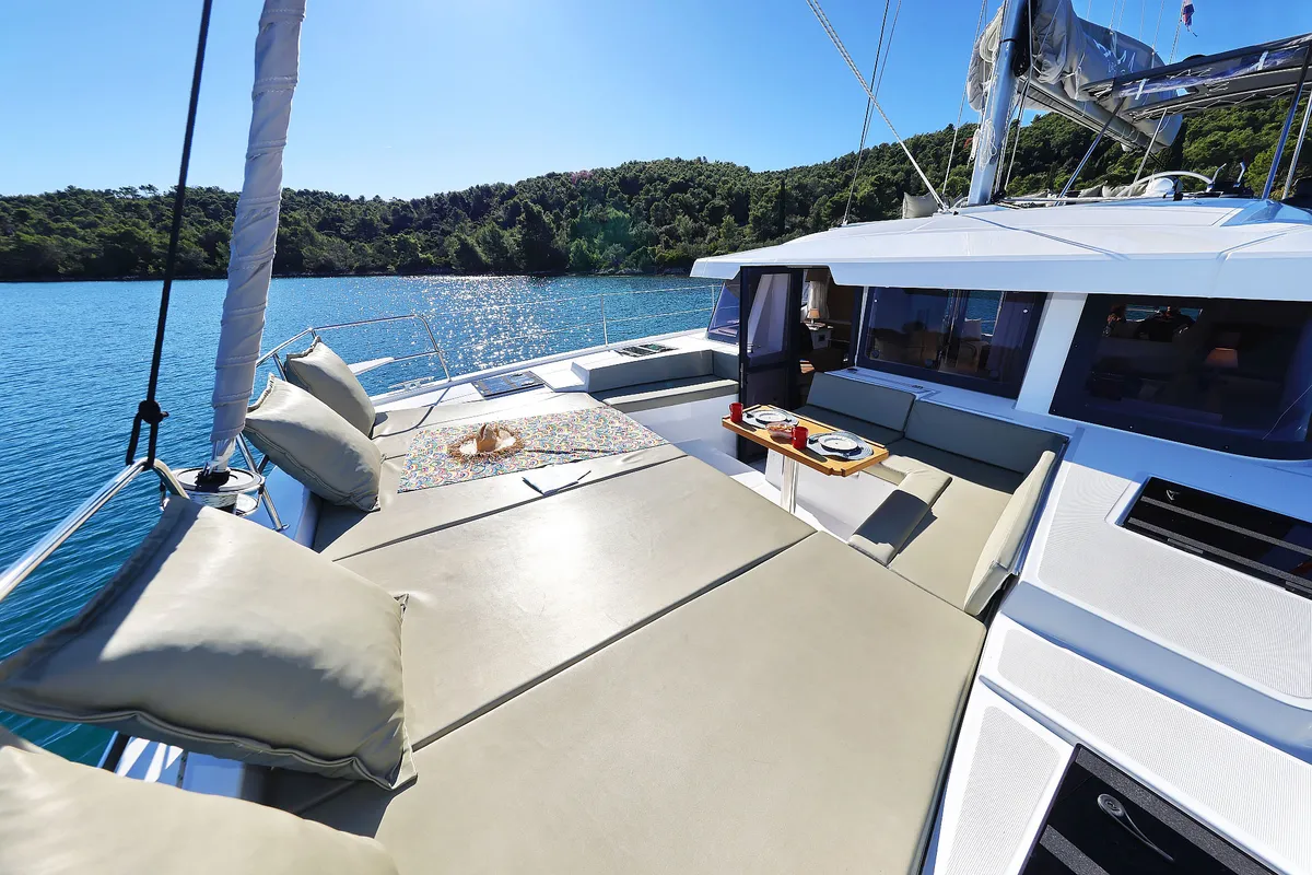 Deck of Voyager, a Bali 4.4 catamaran at Seget Donji, Croatia