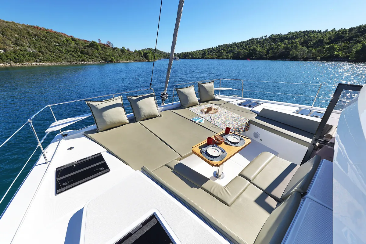 Deck of Voyager, a Bali 4.4 catamaran at Seget Donji, Croatia