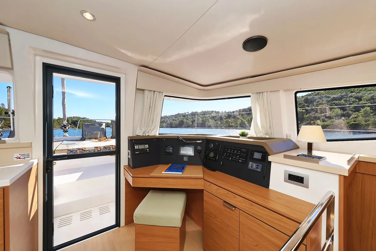Cockpit of Voyager, a Bali 4.4 catamaran at Seget Donji, Croatia