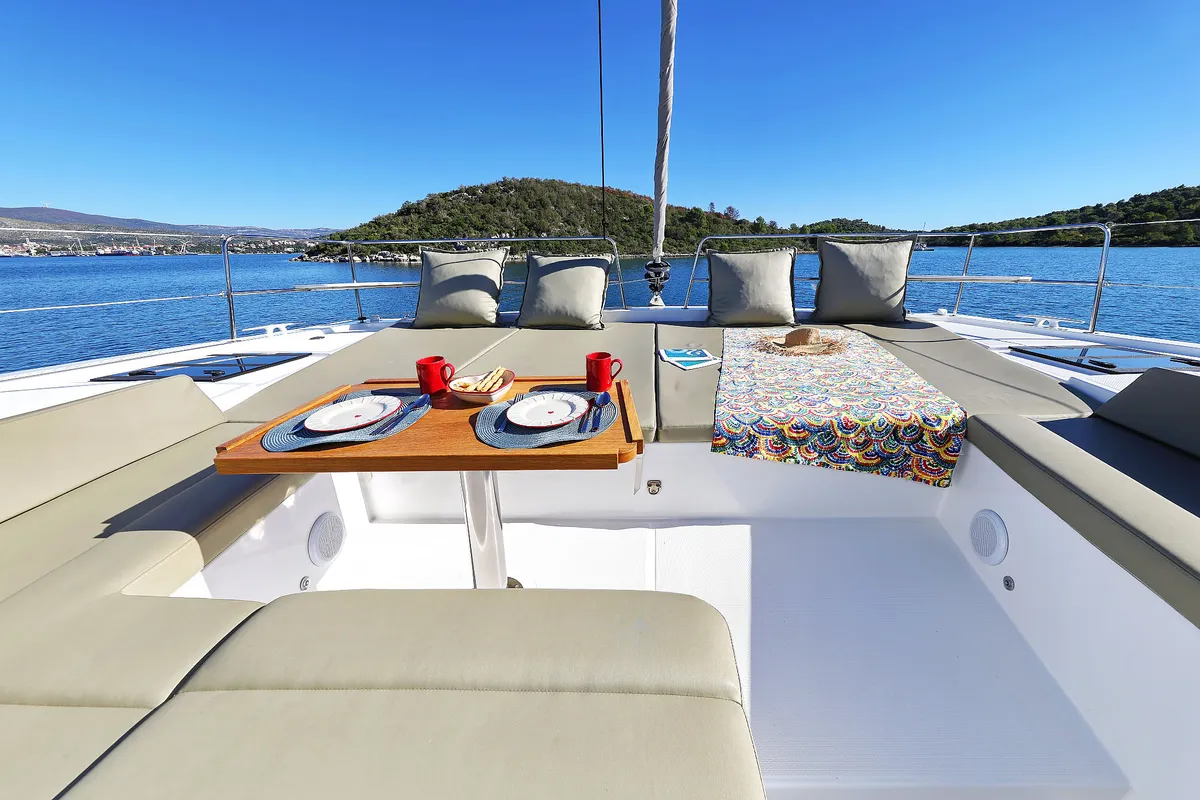 Deck of Voyager, a Bali 4.4 catamaran at Seget Donji, Croatia
