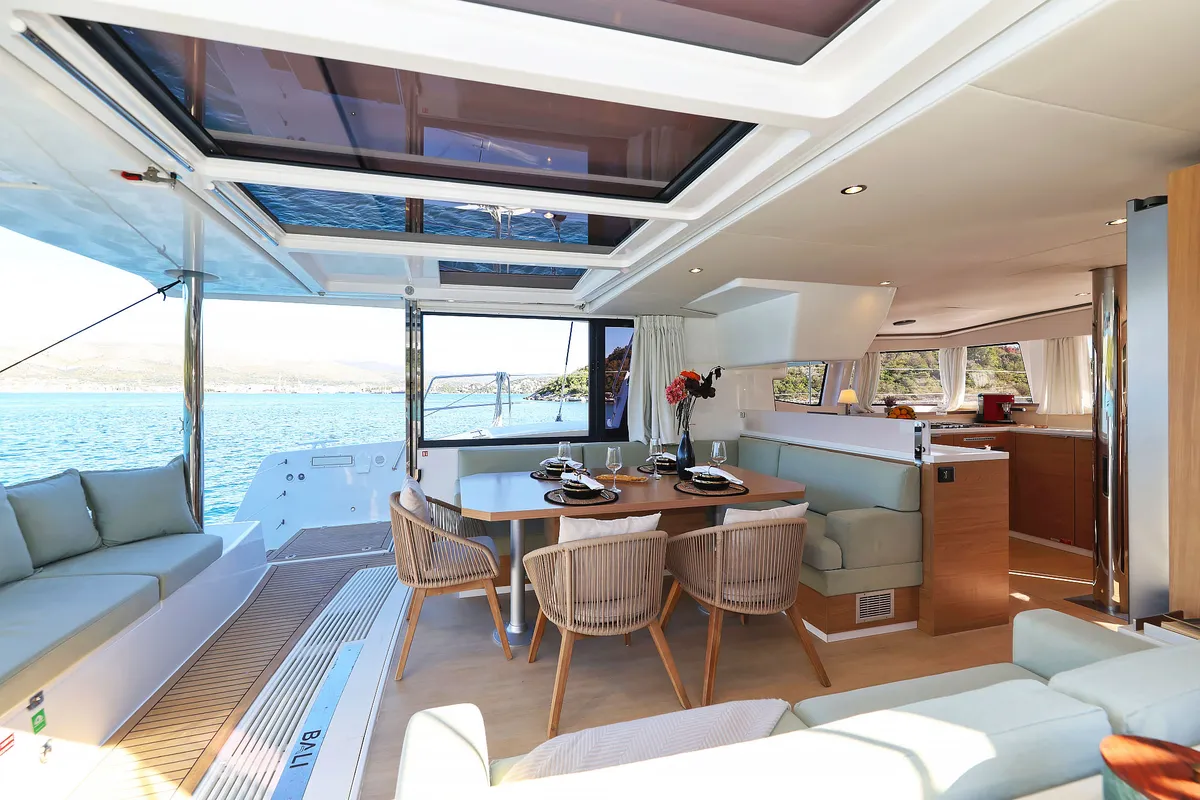 Salon of Voyager, a Bali 4.4 catamaran at Seget Donji, Croatia