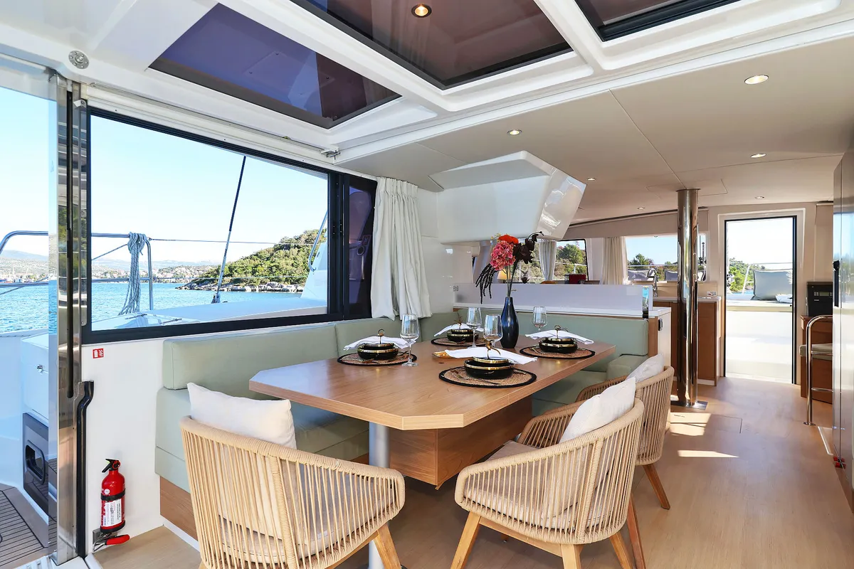 Salon of Voyager, a Bali 4.4 catamaran at Seget Donji, Croatia