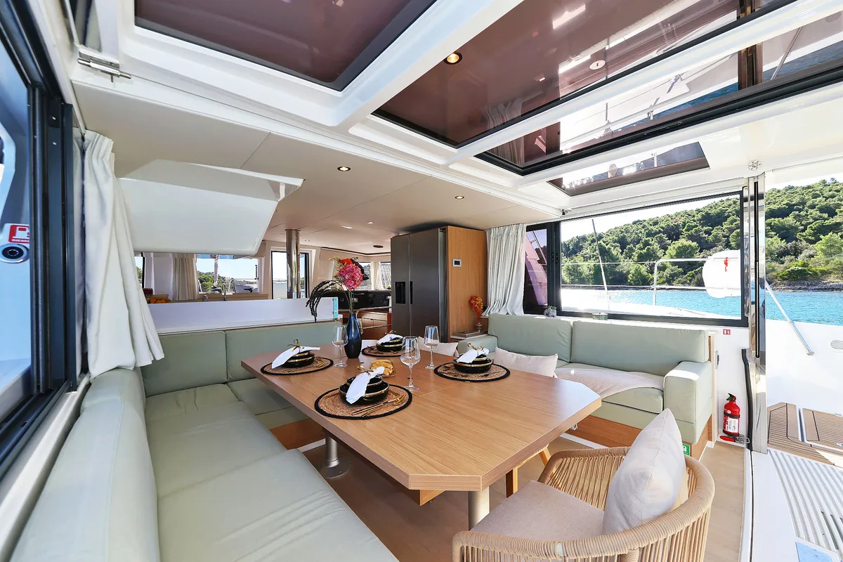 Salon of Voyager, a Bali 4.4 catamaran at Seget Donji, Croatia